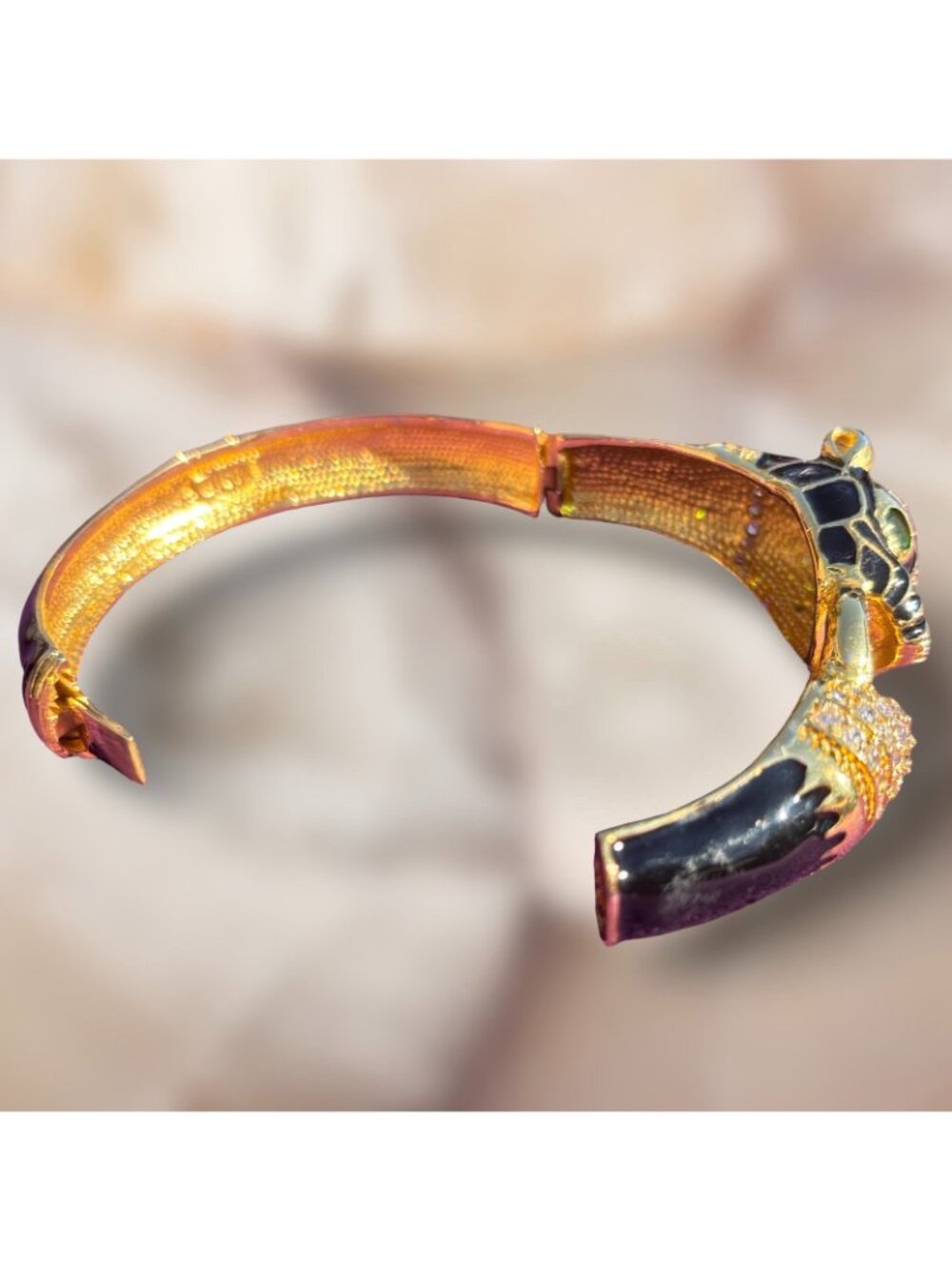 Noir Black Enamel Panther Bangle Bracelet Rhinestone Green Eyes Vintage Goldtone - Picture 3 of 7